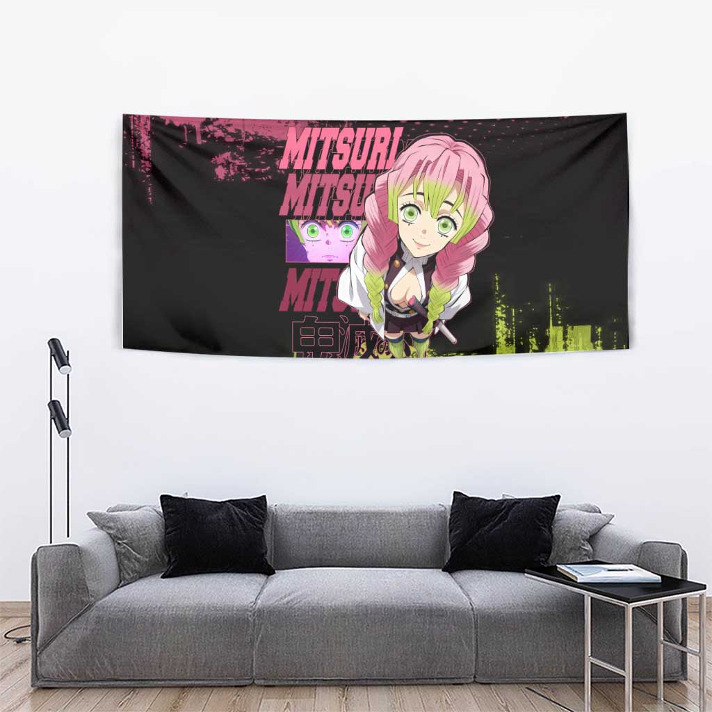 Mitsuri Kanroji Demon Slayer Pink and Green Grunge Design Tapestry with Heart Eyes and Playful Pose - The Mazicc