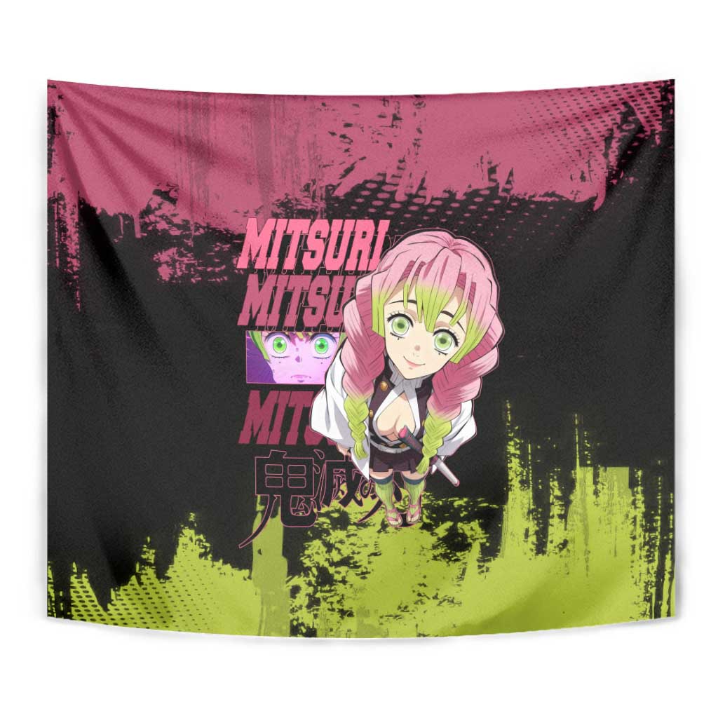 Mitsuri Kanroji Demon Slayer Pink and Green Grunge Design Tapestry with Heart Eyes and Playful Pose - The Mazicc