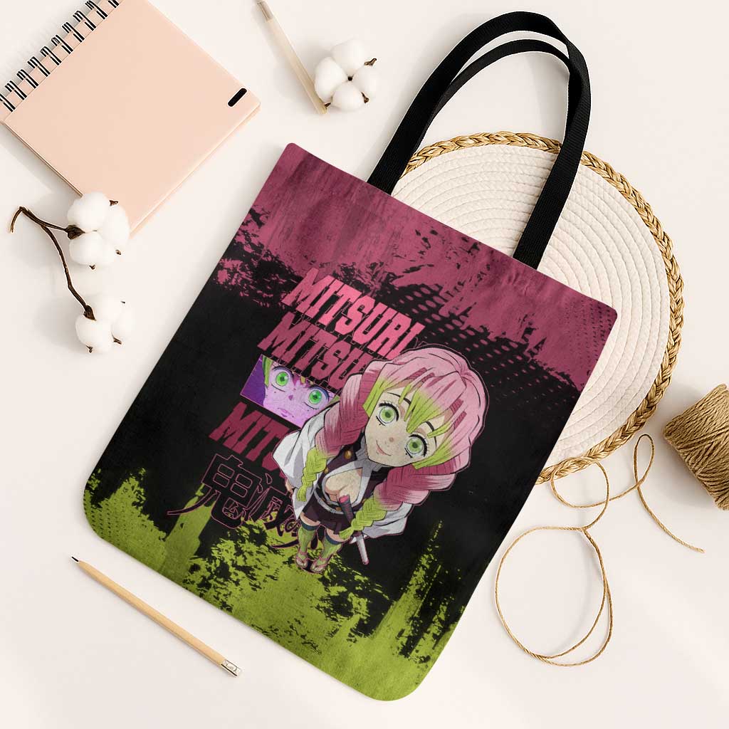 Mitsuri Kanroji Demon Slayer Pink and Green Grunge Design Tote Bag with Heart Eyes and Playful Pose - The Mazicc