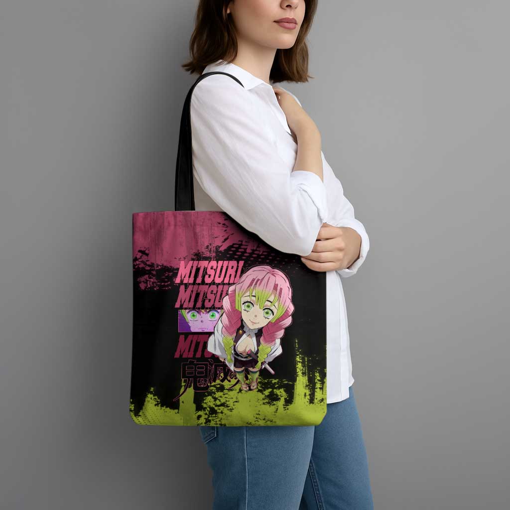 Mitsuri Kanroji Demon Slayer Pink and Green Grunge Design Tote Bag with Heart Eyes and Playful Pose - The Mazicc