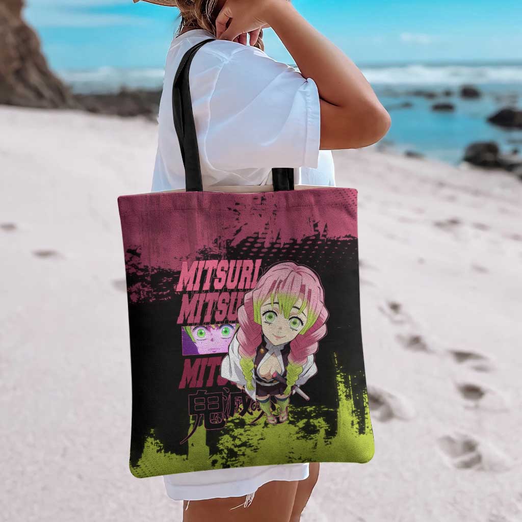 Mitsuri Kanroji Demon Slayer Pink and Green Grunge Design Tote Bag with Heart Eyes and Playful Pose - The Mazicc