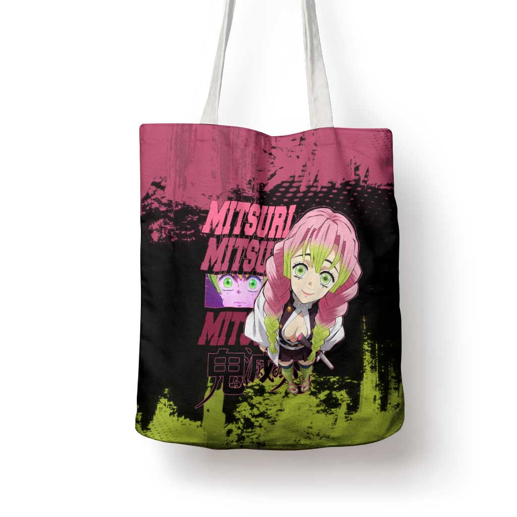 Mitsuri Kanroji Demon Slayer Pink and Green Grunge Design Tote Bag with Heart Eyes and Playful Pose - The Mazicc