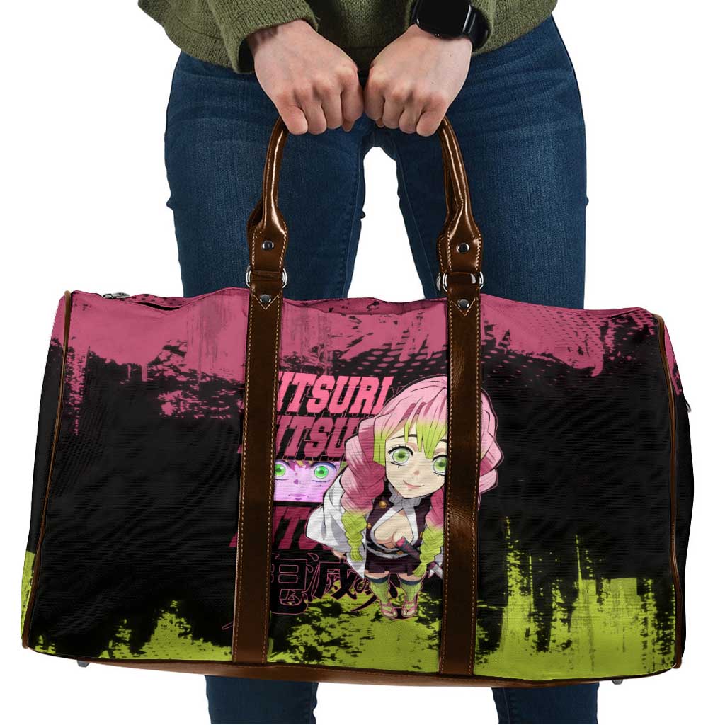 Mitsuri Kanroji Demon Slayer Pink and Green Grunge Design Travel Bag with Heart Eyes and Playful Pose - The Mazicc
