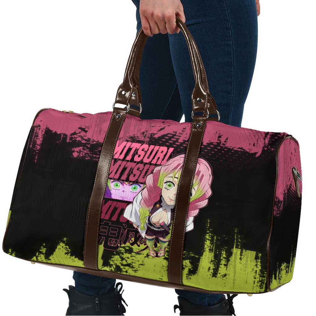 Mitsuri Kanroji Demon Slayer Pink and Green Grunge Design Travel Bag with Heart Eyes and Playful Pose - The Mazicc