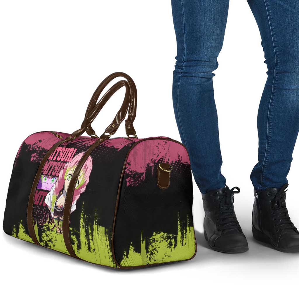 Mitsuri Kanroji Demon Slayer Pink and Green Grunge Design Travel Bag with Heart Eyes and Playful Pose - The Mazicc