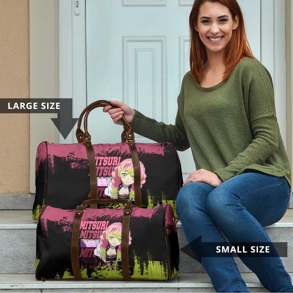 Mitsuri Kanroji Demon Slayer Pink and Green Grunge Design Travel Bag with Heart Eyes and Playful Pose - The Mazicc