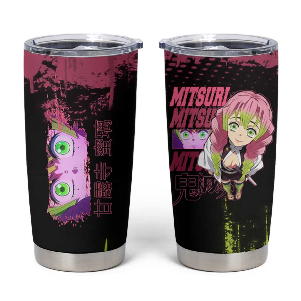 Mitsuri Kanroji Demon Slayer Pink and Green Grunge Design Tumbler Cup with Heart Eyes and Playful Pose - The Mazicc