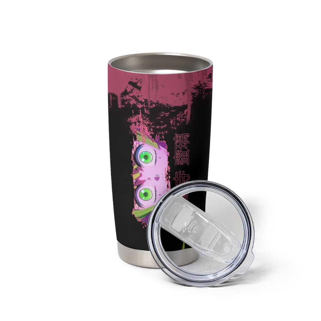 Mitsuri Kanroji Demon Slayer Pink and Green Grunge Design Tumbler Cup with Heart Eyes and Playful Pose - The Mazicc