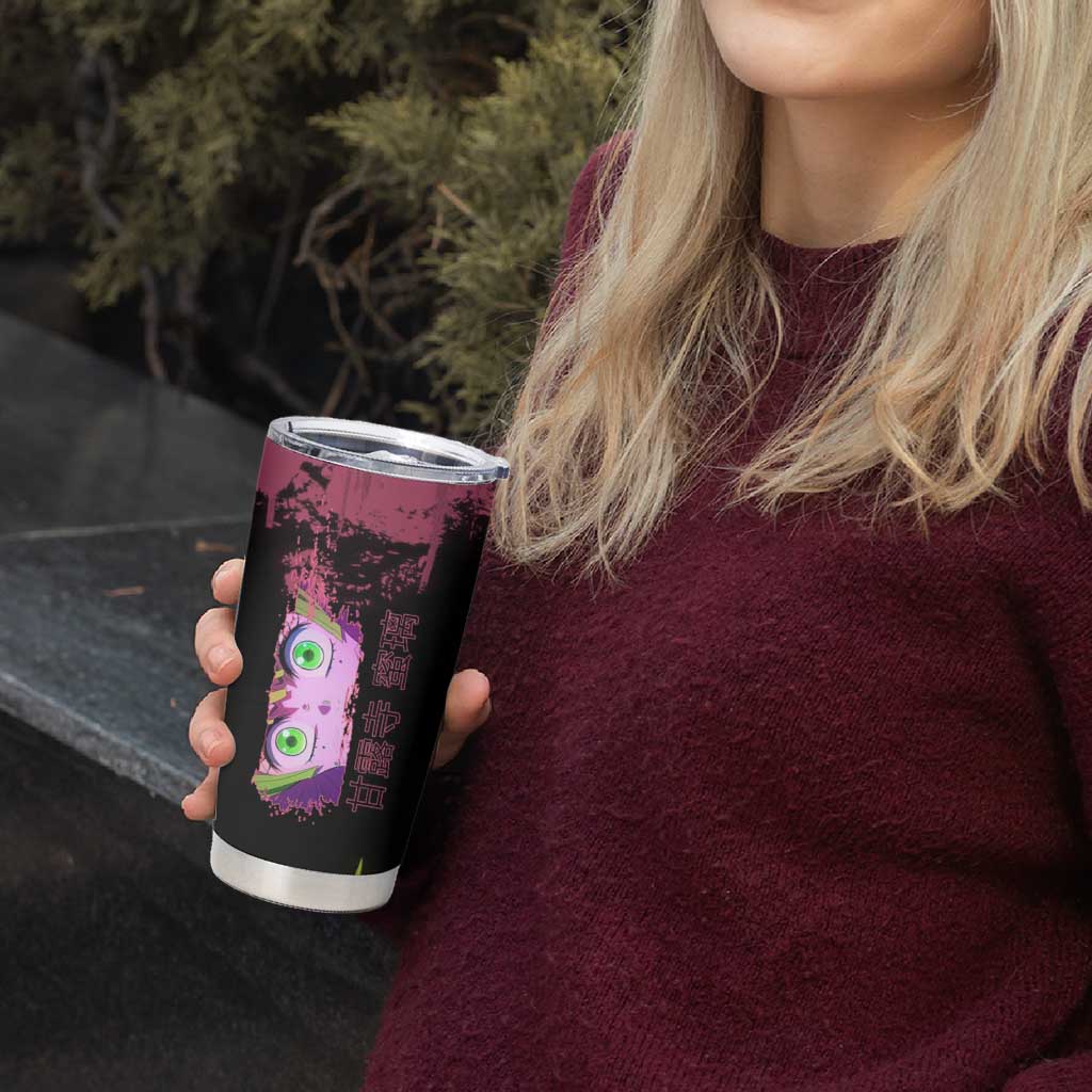 Mitsuri Kanroji Demon Slayer Pink and Green Grunge Design Tumbler Cup with Heart Eyes and Playful Pose - The Mazicc