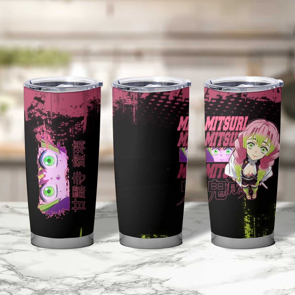 Mitsuri Kanroji Demon Slayer Pink and Green Grunge Design Tumbler Cup with Heart Eyes and Playful Pose - The Mazicc