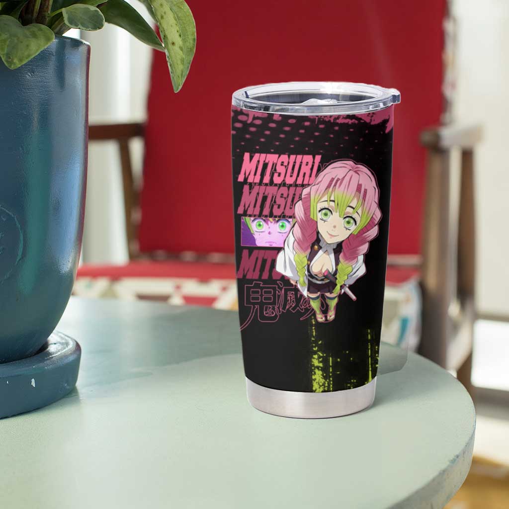 Mitsuri Kanroji Demon Slayer Pink and Green Grunge Design Tumbler Cup with Heart Eyes and Playful Pose - The Mazicc