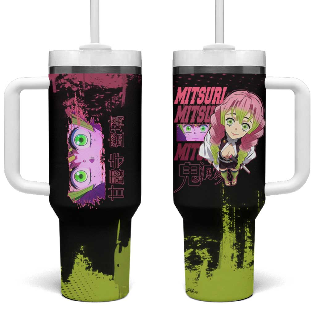 Mitsuri Kanroji Demon Slayer Pink and Green Grunge Design Tumbler With Handle with Heart Eyes and Playful Pose - The Mazicc