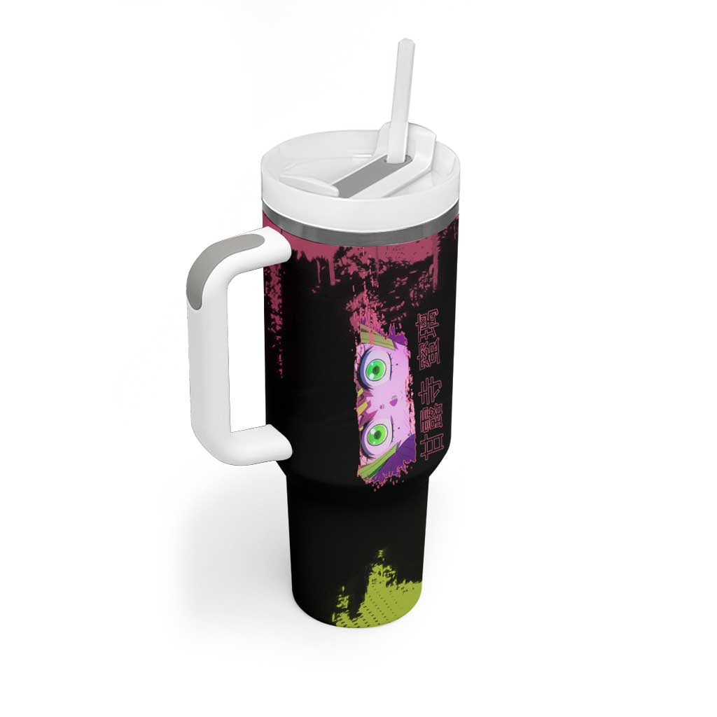 Mitsuri Kanroji Demon Slayer Pink and Green Grunge Design Tumbler With Handle with Heart Eyes and Playful Pose - The Mazicc