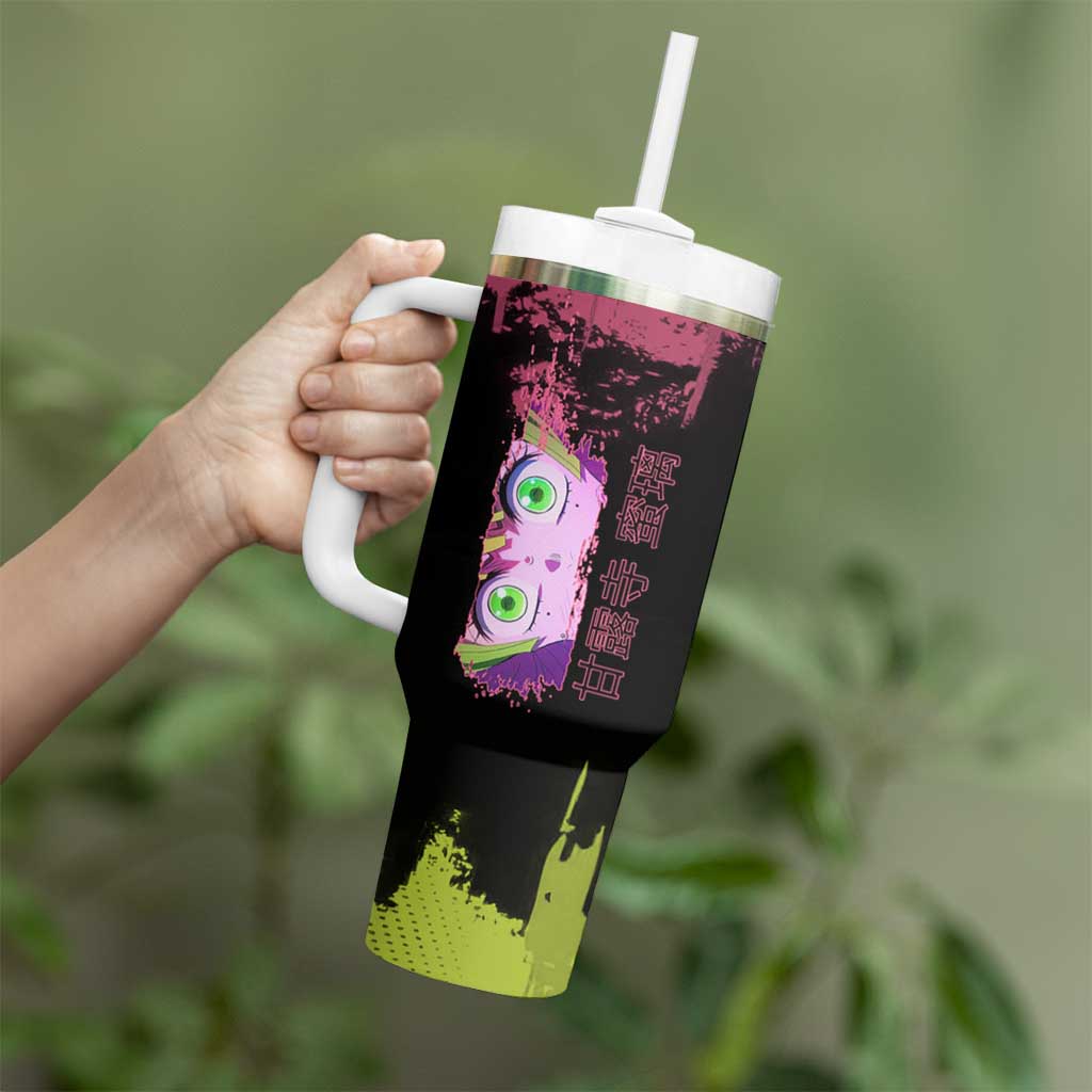 Mitsuri Kanroji Demon Slayer Pink and Green Grunge Design Tumbler With Handle with Heart Eyes and Playful Pose - The Mazicc