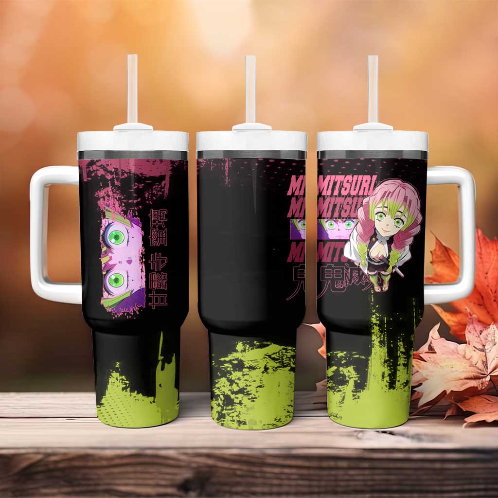 Mitsuri Kanroji Demon Slayer Pink and Green Grunge Design Tumbler With Handle with Heart Eyes and Playful Pose - The Mazicc