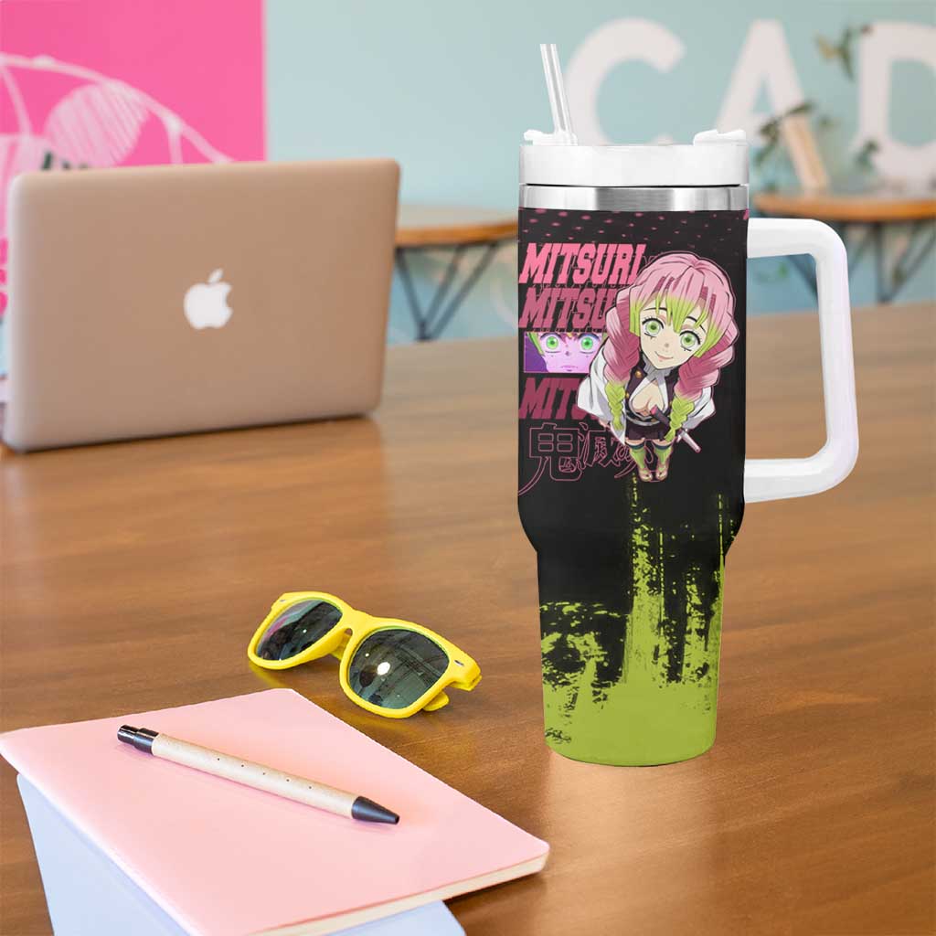 Mitsuri Kanroji Demon Slayer Pink and Green Grunge Design Tumbler With Handle with Heart Eyes and Playful Pose - The Mazicc