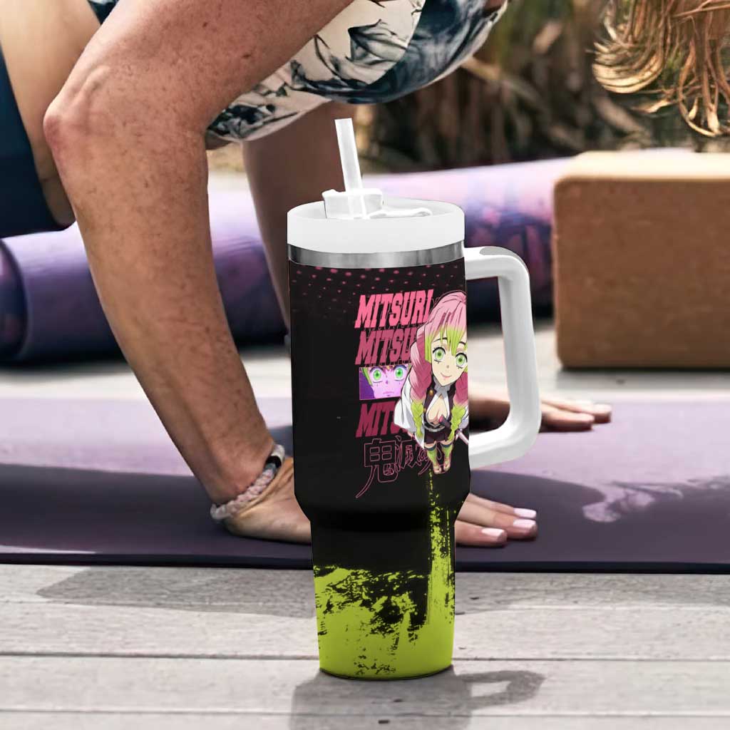 Mitsuri Kanroji Demon Slayer Pink and Green Grunge Design Tumbler With Handle with Heart Eyes and Playful Pose - The Mazicc
