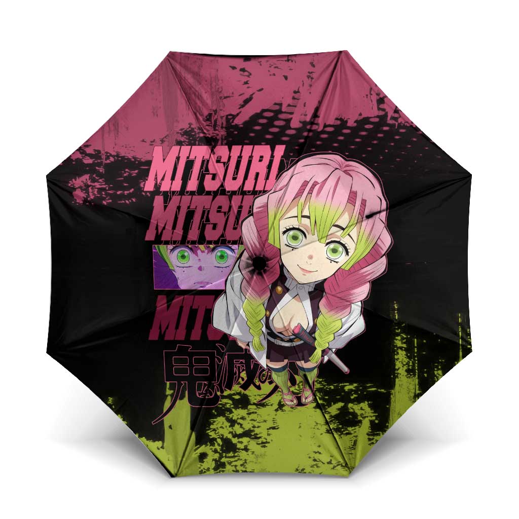 Mitsuri Kanroji Demon Slayer Pink and Green Grunge Design Umbrella with Heart Eyes and Playful Pose - The Mazicc