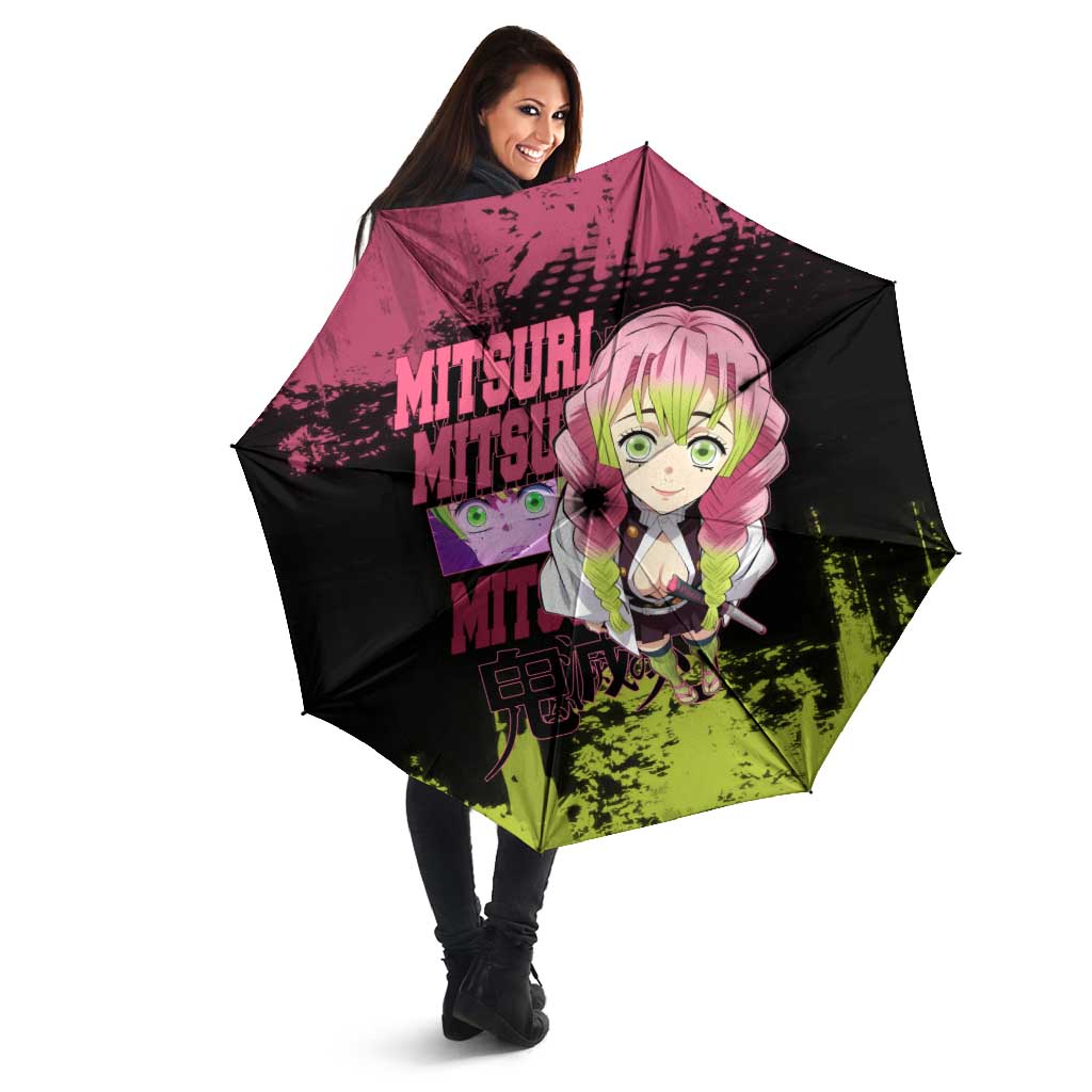 Mitsuri Kanroji Demon Slayer Pink and Green Grunge Design Umbrella with Heart Eyes and Playful Pose - The Mazicc