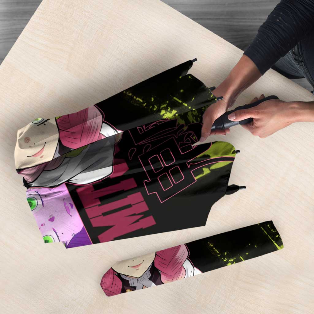 Mitsuri Kanroji Demon Slayer Pink and Green Grunge Design Umbrella with Heart Eyes and Playful Pose - The Mazicc