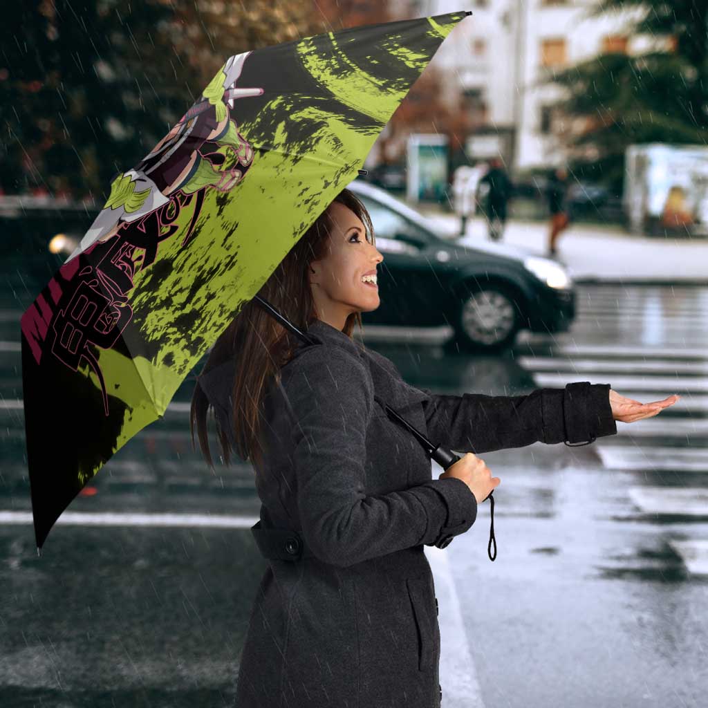 Mitsuri Kanroji Demon Slayer Pink and Green Grunge Design Umbrella with Heart Eyes and Playful Pose - The Mazicc
