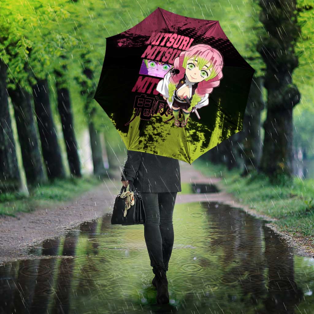 Mitsuri Kanroji Demon Slayer Pink and Green Grunge Design Umbrella with Heart Eyes and Playful Pose - The Mazicc