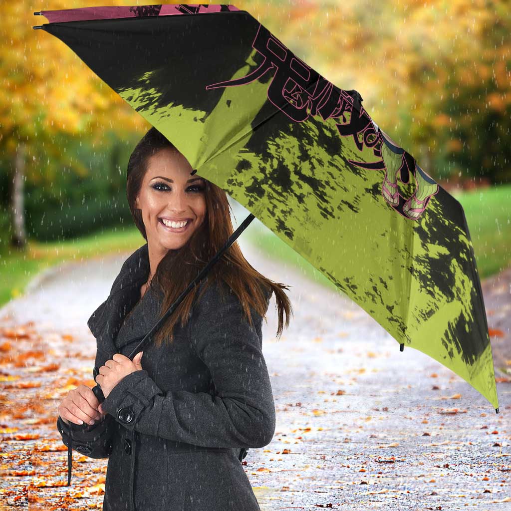 Mitsuri Kanroji Demon Slayer Pink and Green Grunge Design Umbrella with Heart Eyes and Playful Pose - The Mazicc
