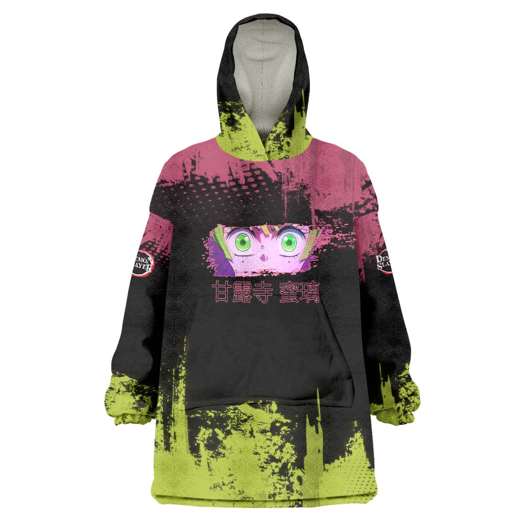 Mitsuri Kanroji Demon Slayer Pink and Green Grunge Design Wearable Blanket Hoodie with Heart Eyes and Playful Pose - The Mazicc
