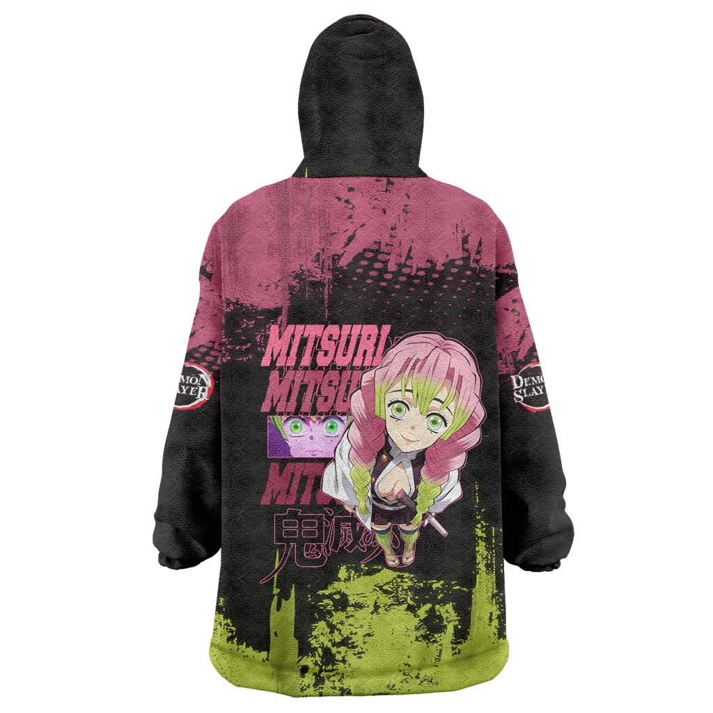 Mitsuri Kanroji Demon Slayer Pink and Green Grunge Design Wearable Blanket Hoodie with Heart Eyes and Playful Pose - The Mazicc