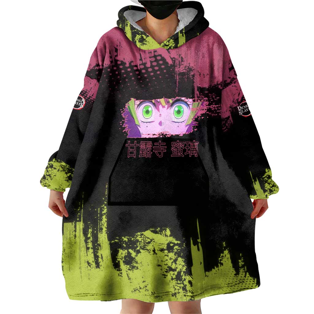 Mitsuri Kanroji Demon Slayer Pink and Green Grunge Design Wearable Blanket Hoodie with Heart Eyes and Playful Pose - The Mazicc