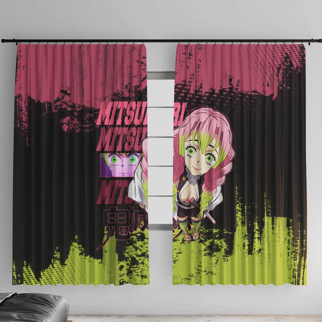 Mitsuri Kanroji Demon Slayer Pink and Green Grunge Design Window Curtain with Heart Eyes and Playful Pose - The Mazicc