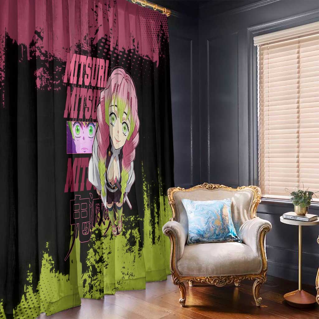Mitsuri Kanroji Demon Slayer Pink and Green Grunge Design Window Curtain with Heart Eyes and Playful Pose - The Mazicc