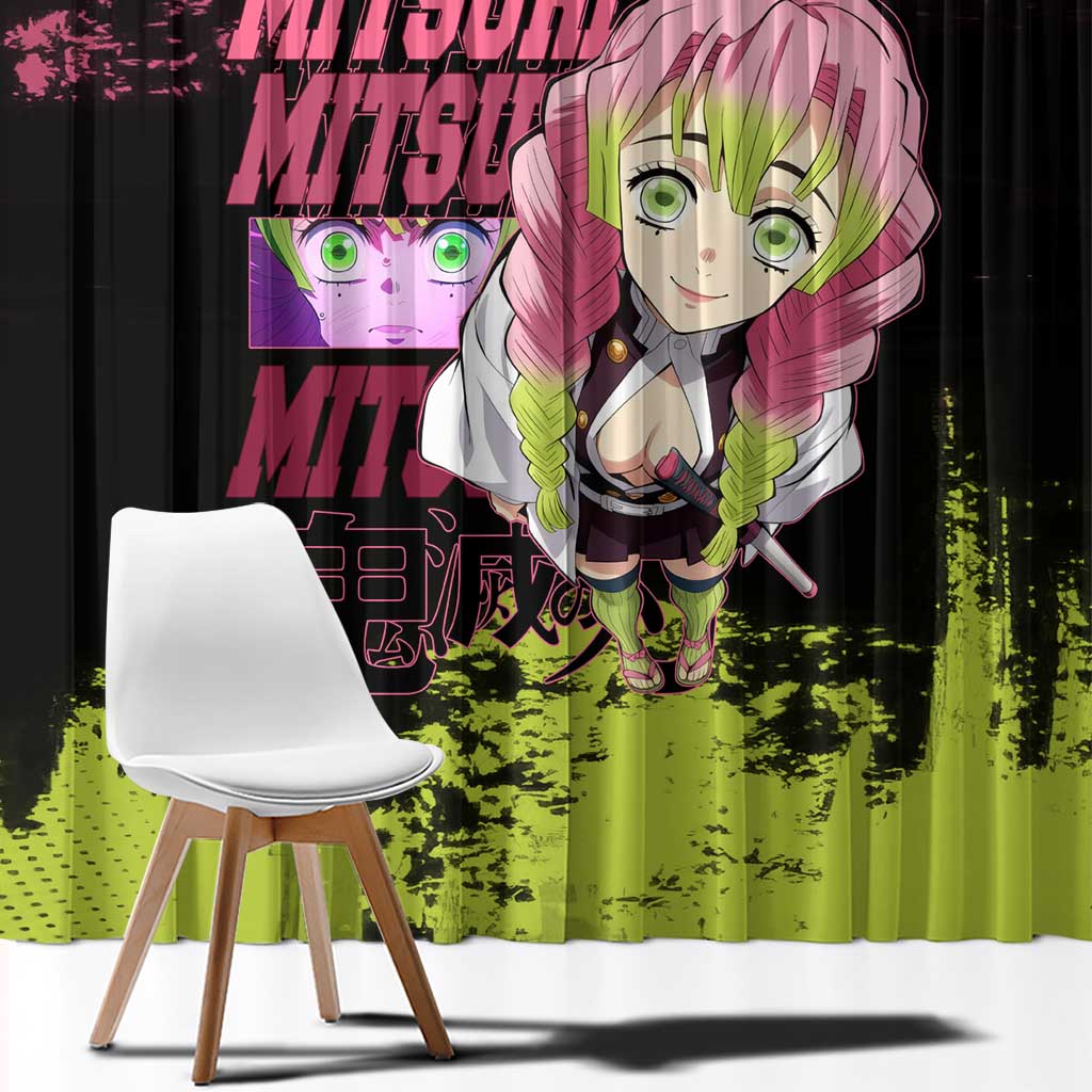 Mitsuri Kanroji Demon Slayer Pink and Green Grunge Design Window Curtain with Heart Eyes and Playful Pose - The Mazicc