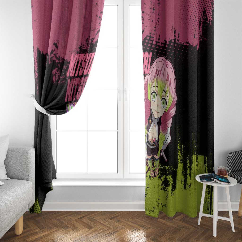 Mitsuri Kanroji Demon Slayer Pink and Green Grunge Design Window Curtain with Heart Eyes and Playful Pose - The Mazicc
