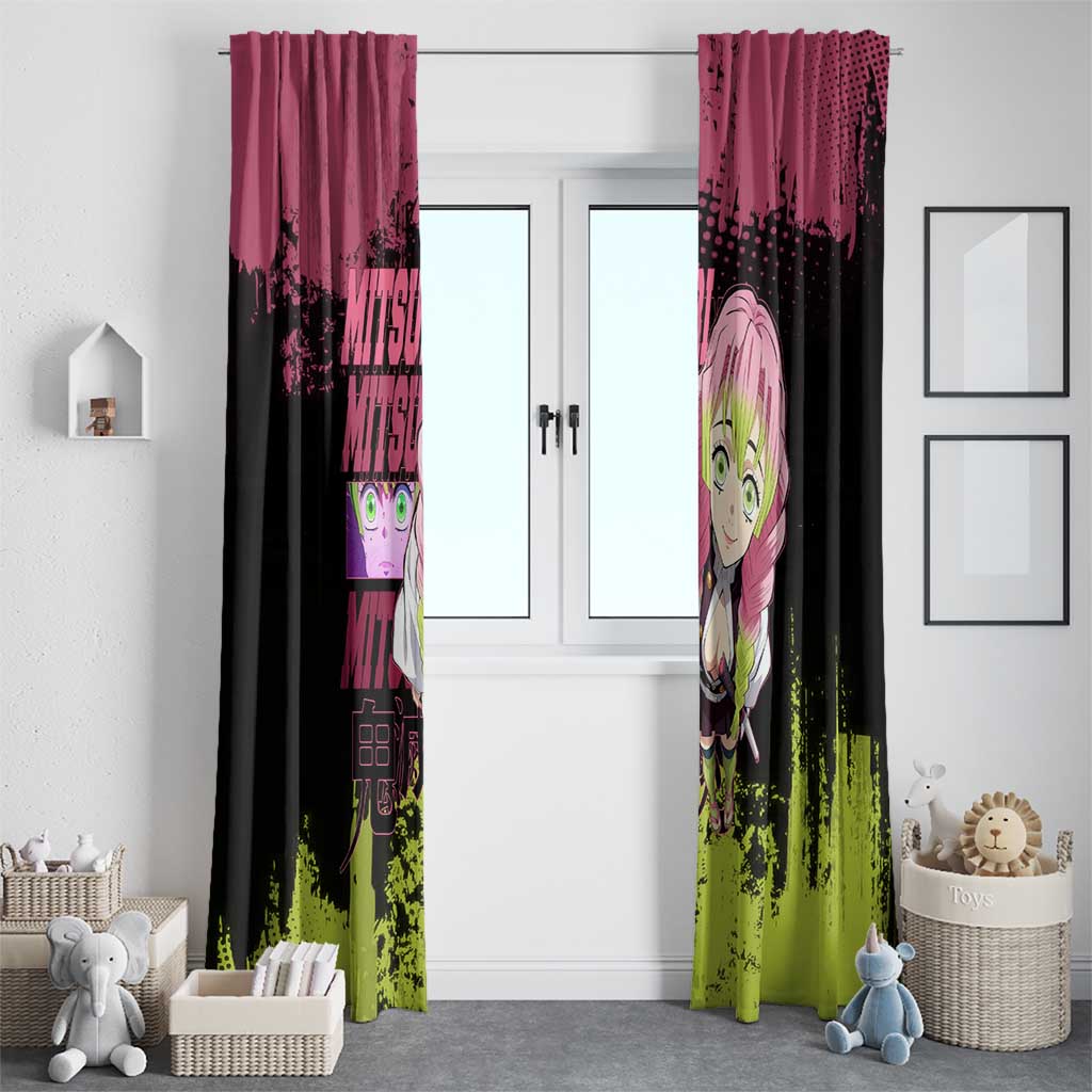 Mitsuri Kanroji Demon Slayer Pink and Green Grunge Design Window Curtain with Heart Eyes and Playful Pose - The Mazicc