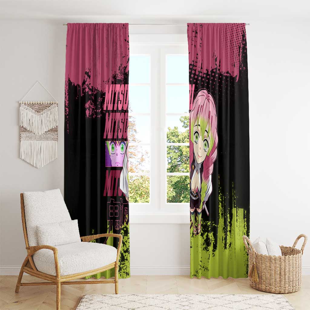 Mitsuri Kanroji Demon Slayer Pink and Green Grunge Design Window Curtain with Heart Eyes and Playful Pose - The Mazicc