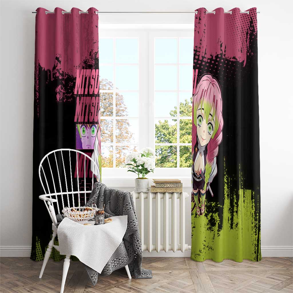 Mitsuri Kanroji Demon Slayer Pink and Green Grunge Design Window Curtain with Heart Eyes and Playful Pose - The Mazicc