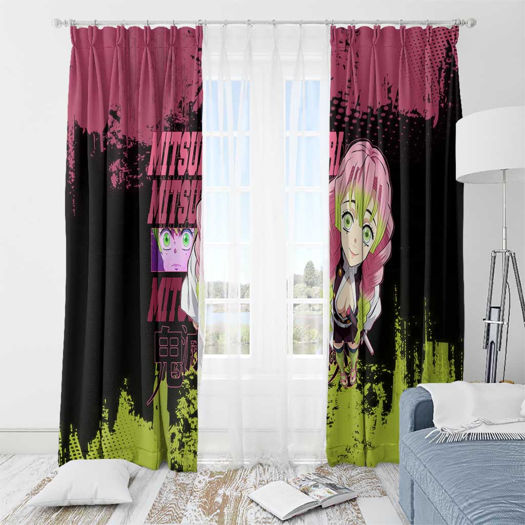 Mitsuri Kanroji Demon Slayer Pink and Green Grunge Design Window Curtain with Heart Eyes and Playful Pose - The Mazicc