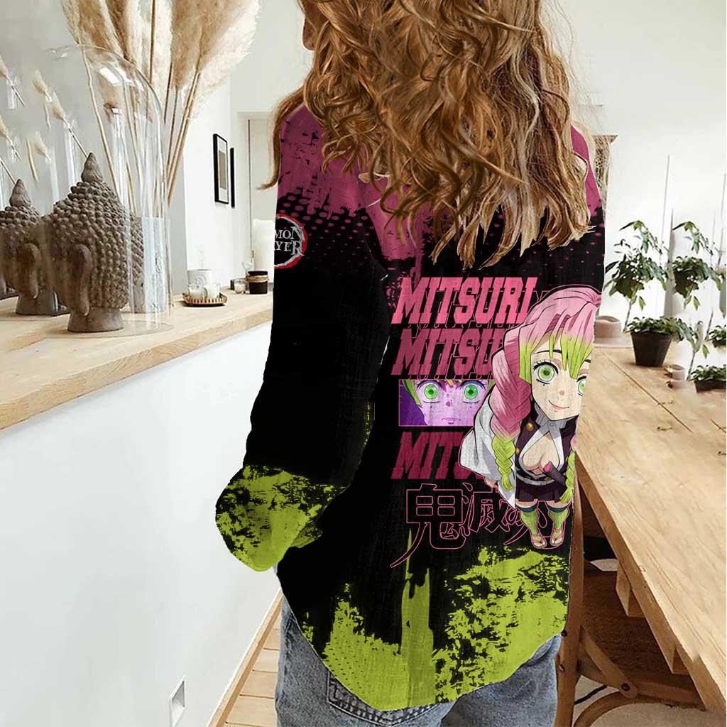 Mitsuri Kanroji Demon Slayer Pink and Green Grunge Design Women Casual Shirt with Heart Eyes and Playful Pose - The Mazicc