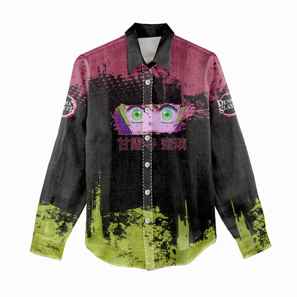 Mitsuri Kanroji Demon Slayer Pink and Green Grunge Design Women Casual Shirt with Heart Eyes and Playful Pose - The Mazicc