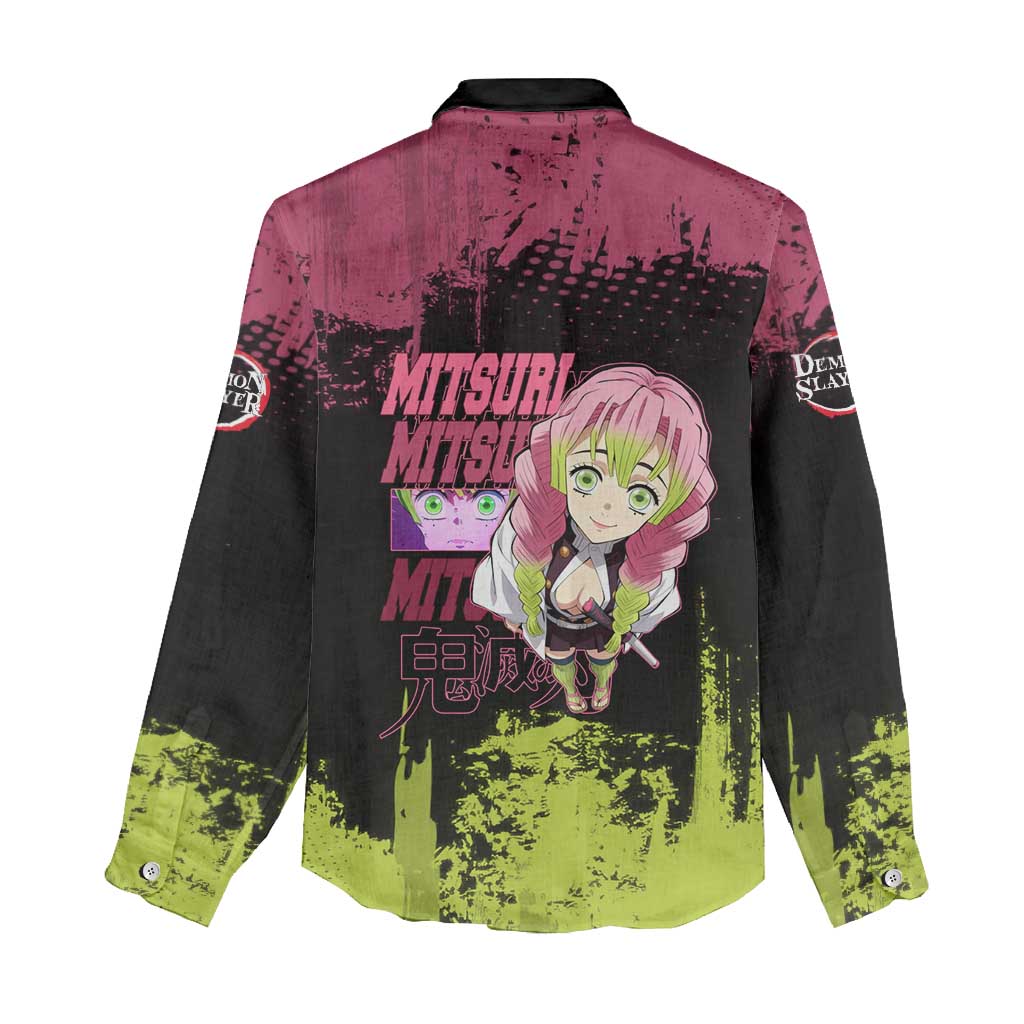 Mitsuri Kanroji Demon Slayer Pink and Green Grunge Design Women Casual Shirt with Heart Eyes and Playful Pose - The Mazicc