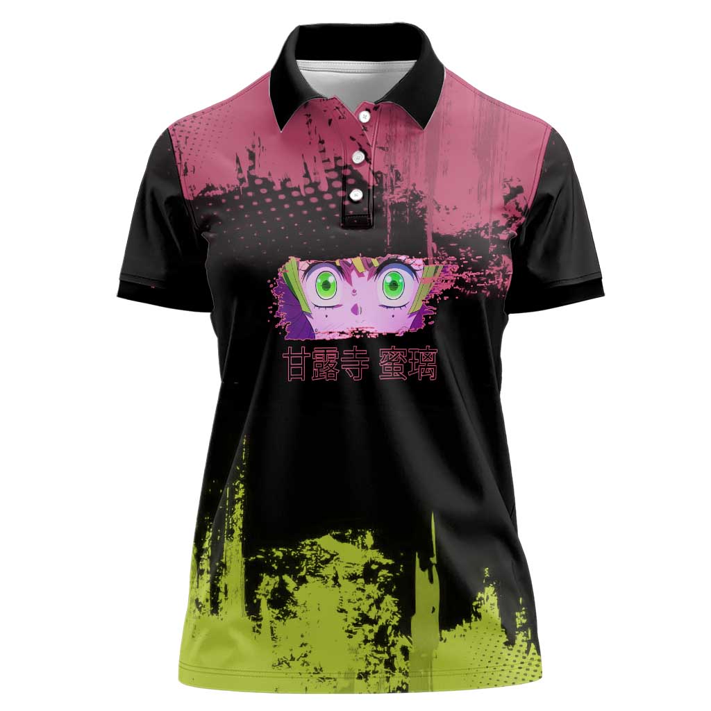 Mitsuri Kanroji Demon Slayer Pink and Green Grunge Design Women Polo Shirt with Heart Eyes and Playful Pose - The Mazicc