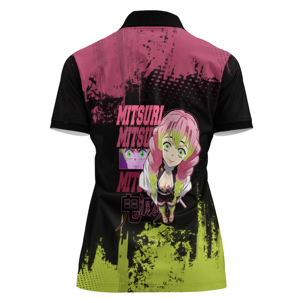 Mitsuri Kanroji Demon Slayer Pink and Green Grunge Design Women Polo Shirt with Heart Eyes and Playful Pose - The Mazicc