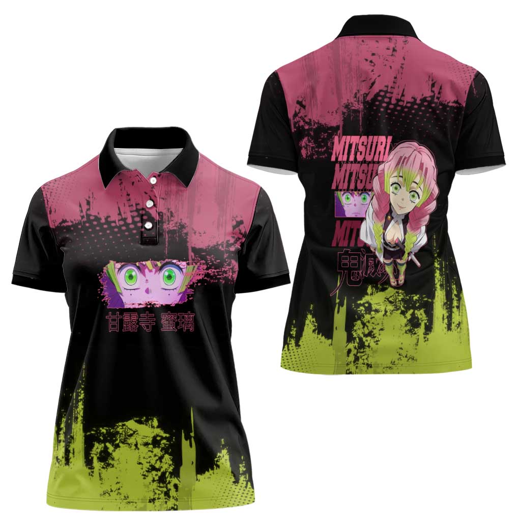 Mitsuri Kanroji Demon Slayer Pink and Green Grunge Design Women Polo Shirt with Heart Eyes and Playful Pose - The Mazicc