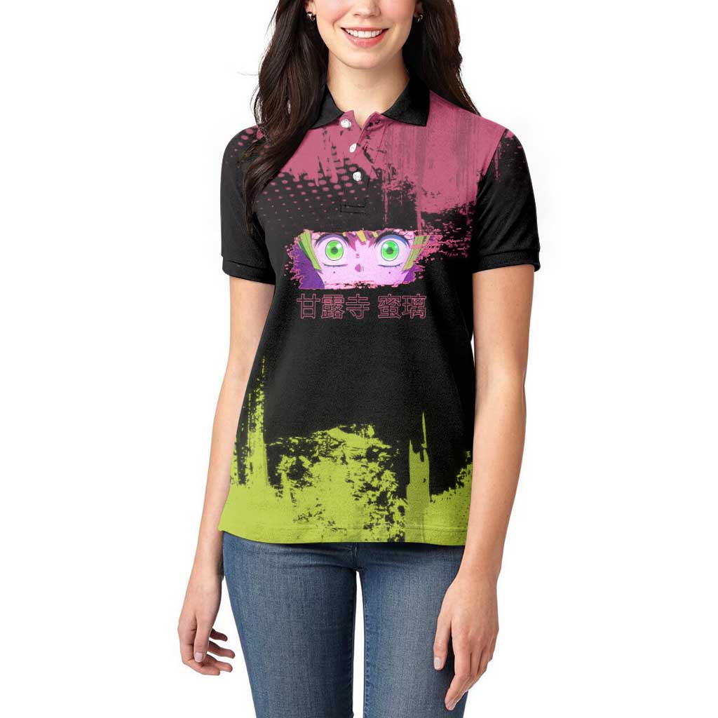Mitsuri Kanroji Demon Slayer Pink and Green Grunge Design Women Polo Shirt with Heart Eyes and Playful Pose - The Mazicc