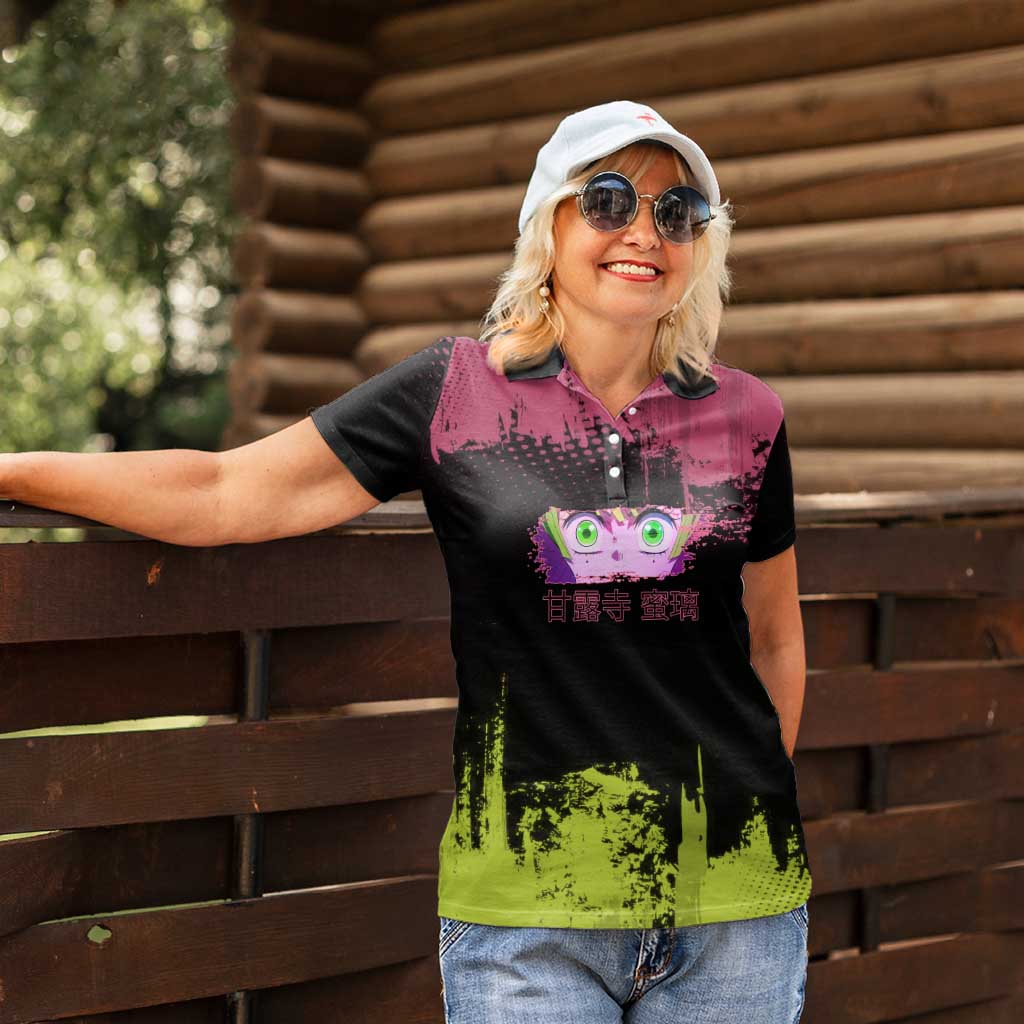 Mitsuri Kanroji Demon Slayer Pink and Green Grunge Design Women Polo Shirt with Heart Eyes and Playful Pose - The Mazicc