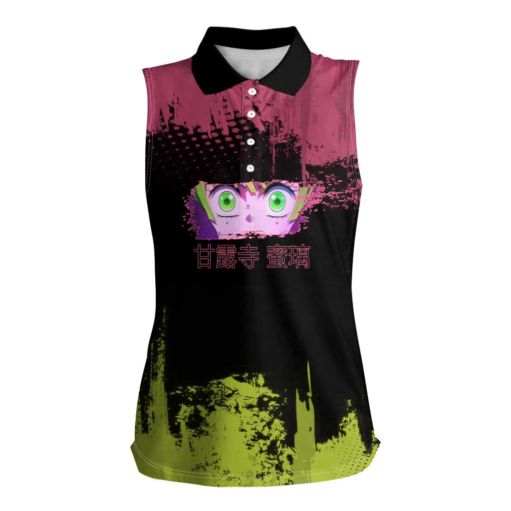 Mitsuri Kanroji Demon Slayer Pink and Green Grunge Design Women Sleeveless Polo Shirt with Heart Eyes and Playful Pose - The Mazicc