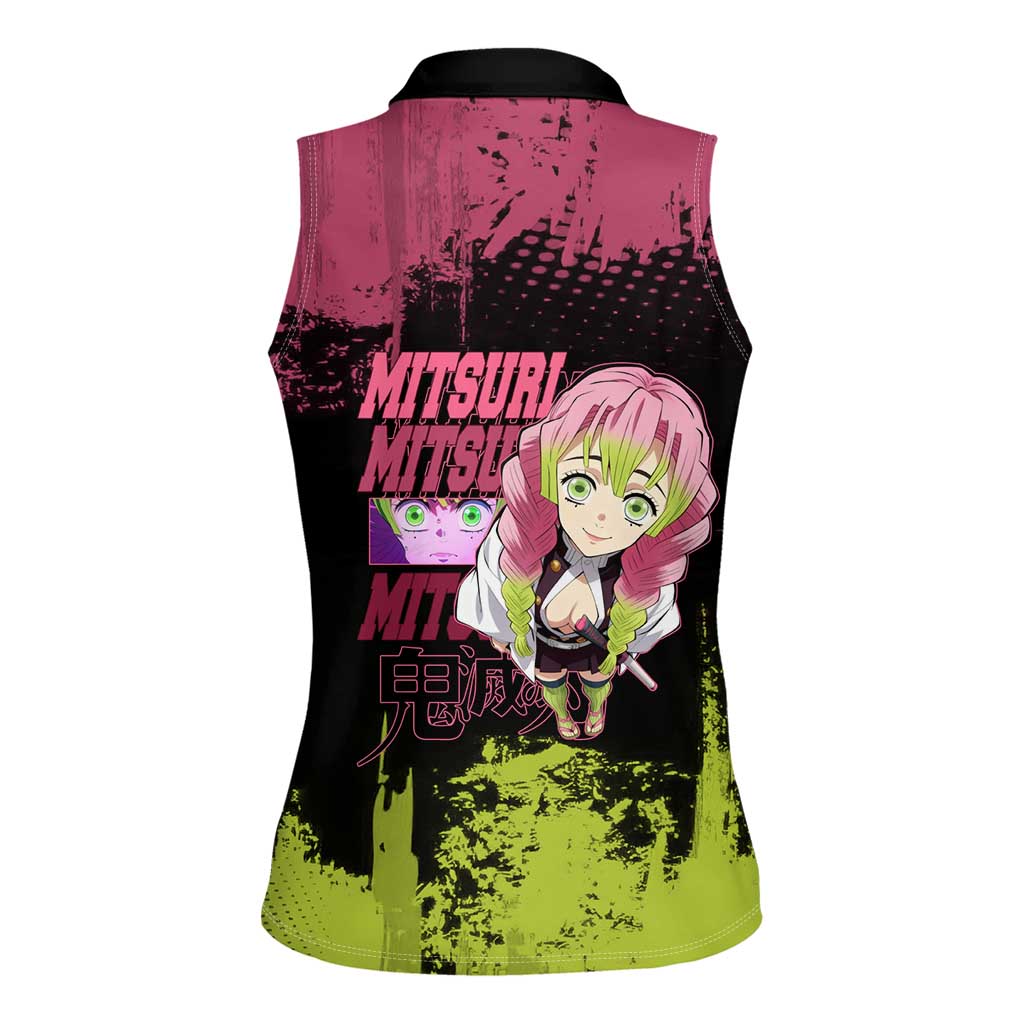 Mitsuri Kanroji Demon Slayer Pink and Green Grunge Design Women Sleeveless Polo Shirt with Heart Eyes and Playful Pose - The Mazicc