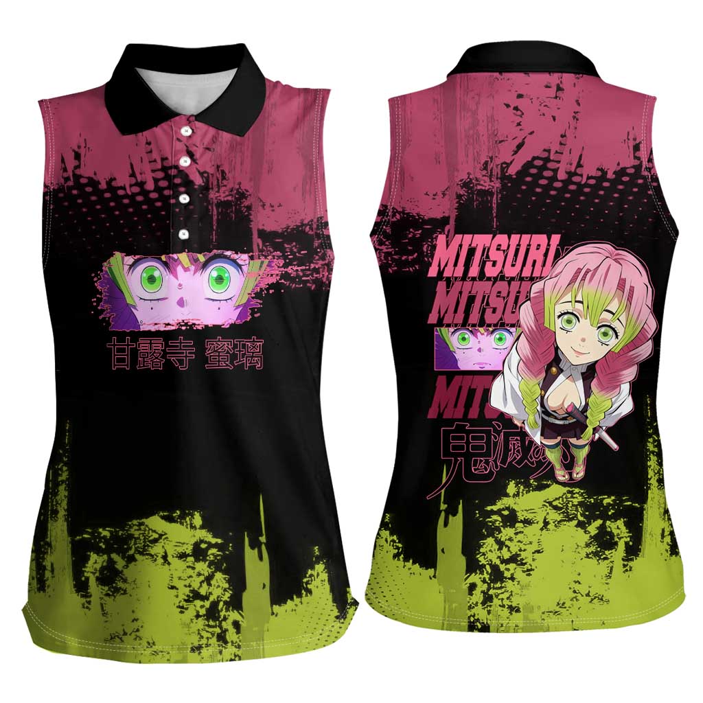 Mitsuri Kanroji Demon Slayer Pink and Green Grunge Design Women Sleeveless Polo Shirt with Heart Eyes and Playful Pose - The Mazicc