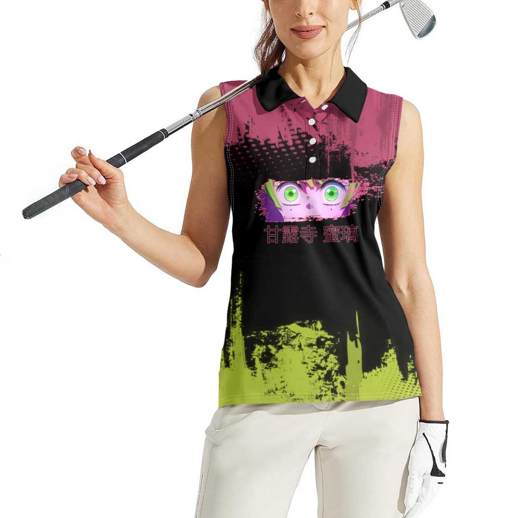 Mitsuri Kanroji Demon Slayer Pink and Green Grunge Design Women Sleeveless Polo Shirt with Heart Eyes and Playful Pose - The Mazicc